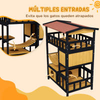 PawHut Caseta para Gatos de Madera 84x60x116 cm Casa para Gatos de 4 Niveles Refugio para Gatos con Puente Colgante Balcón y Techo Asfáltico Natural - details 5