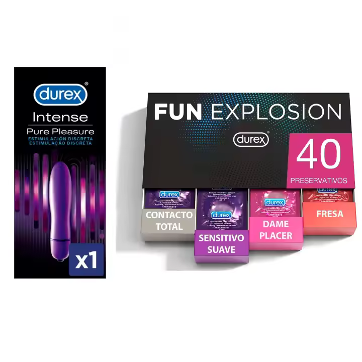 Durex - Lote Fun Explosion, Pack 40 Preservativos + Vibrador Mini Intense Orgasmic Pure Pleasure, Dildo Consolador Clítoris Mujer - 1