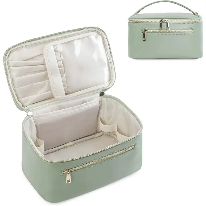 Neceser Maquillaje Cuero Bolsa de Cosméticos con Porta Brochas Grande Multifuncional Hidrófugo para Mujer Viajes Nocturnos - 1
