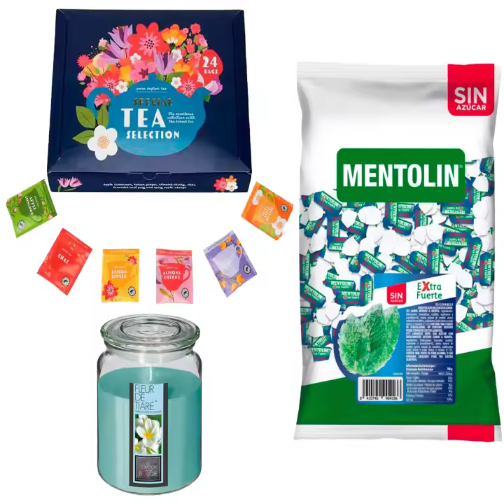 Lote respira: MENTOLIN EXTRA FUERTE S/A BOLSA 1KG + Vela perfumada con flor tiare + Set de Te con 24 bolsitas con diferentes sabores y aromas - 1