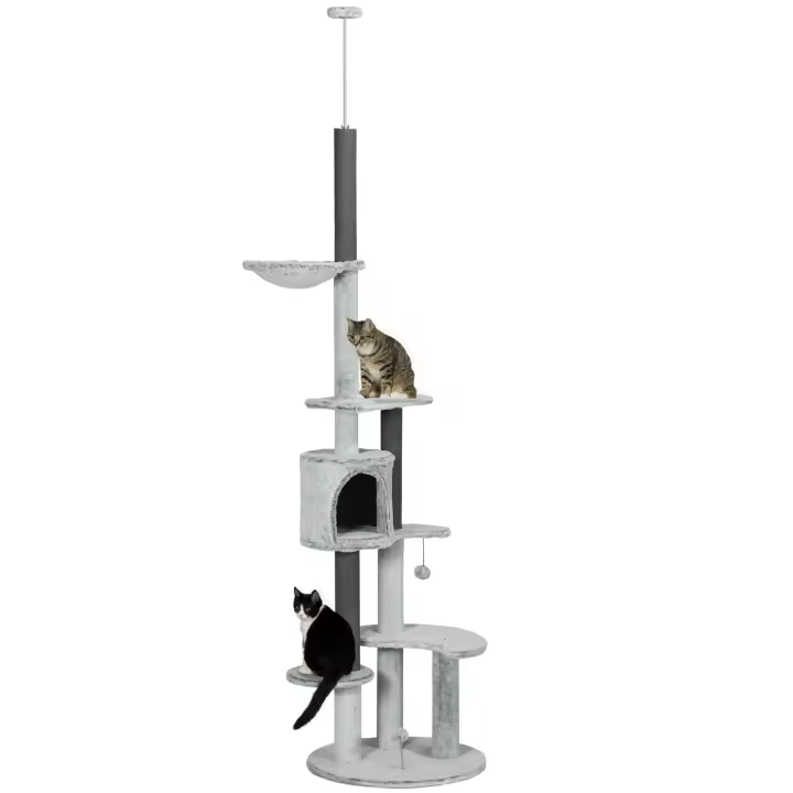 PawHut Rascador alto hasta el techo, árbol para gatos, 225-255 cm, rascador para gatos con cueva para gatos, rascador, cesta, pelota de juego, mueble para gatos con protección contra puntas, gris - 1