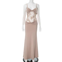 CUTENOVA Camisola Elegante Para Mujer De Color Sólido Con Espalda Descubierta Y Volante Lace Translúcido Vestido Largo De Fiesta - details 1