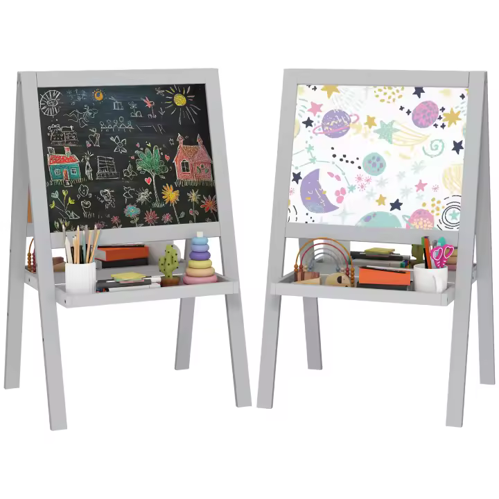 AIYAPLAY Caballete infantil, caballete de pintura infantil de doble cara con pizarra blanca y negra, estantes de almacenamiento incluidos, tablero infantil de 18 a 48 meses, color gris - 1