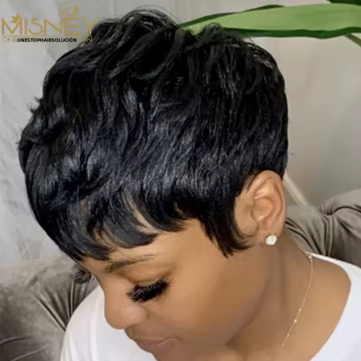 Pelucas De Cabello Humano Bob Corto Natural Color Brasileño Remy Peluca De Corte Pixie Para Mujeres Negras Misney - 1