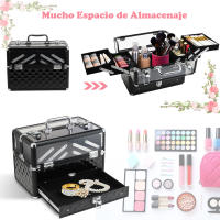 HOMCOM Maletín de Maquillaje Bisutería Organizador Cosméticos Portátil Múltiples Niveles Con Asa y Bandejas Desplegables Aleación de Aluminio 30x18,5x22 cm Transparente y Negro - details 5