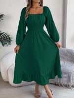 Vestido Largo Elegante De Verano Con Cuello Cuadrado Y Mangas Largas Para Damas De Honor Vestido De Mujer Con Borde Volante Y Cintura Alta - details 10