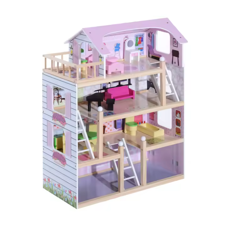 HOMCOM Casa de Muñecas con Muebles de 4 Niveles Altura 80,5 cm con 13 Accesorios Mobiliario Casita Muñeca Jueguetes de Madera 60,5x30x80,5 cm Rosa - 1