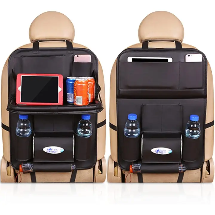 Organizador de asiento trasero de coche para bebés, juguetes, bebidas, libros, bolígrafos, bolsa de piel sintética, organizador de asiento trasero de coche con bandeja plegable - 1