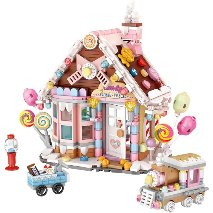 Minibloques de construcción: casa de jengibre navideña, tienda de dulces con camión de chocolate, locomotora de helados, kits de juguetes de exhibición creativos, microladrillos - 1