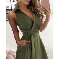 Vestido Largo Casual De Verano Para Mujer Tallas S-2XL V-Neck Sin Mangas Elegante Con Cinturón Estilo A-Line Color Sólido - details 0