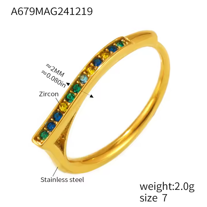 Anillo chapado en oro de 18k con circonita geométrica clásica para mujer, accesorios de joyería impermeables fino de circón colorido de lujo para mujer, anillo de dedo de compromiso Simple chapado en oro de acero inoxidable, regalo de joyería estética - 1