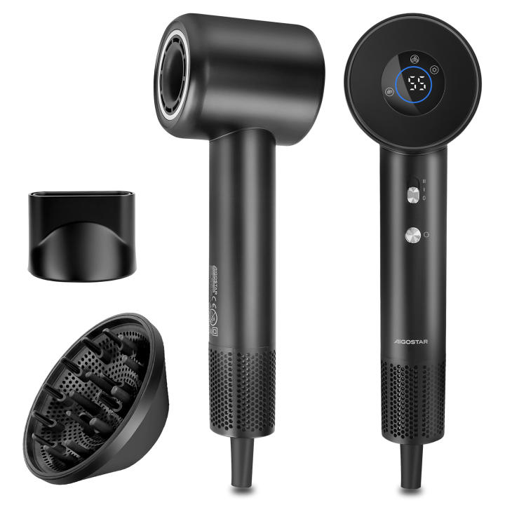 Secador de pelo profesional AIGOSTAR, 400 millones de iones negativos, 110.000 rpm, motor BLDC ultrasilencioso de 57 dB, 390 g ultraligero, pantalla HD, secado rápido sin daños por calor, con difusor, negro