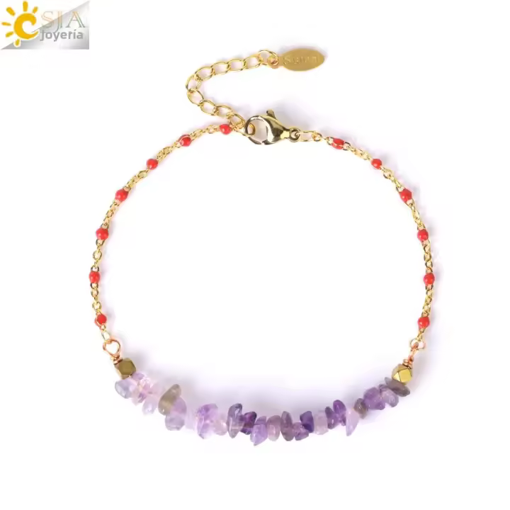 Pulsera De Cristal De 7 Chakras Para Mujer CSJA Con Cadena De Acero Inoxidable Y Pedrería Natural Amatista Pulsera De Moda J016 - 1