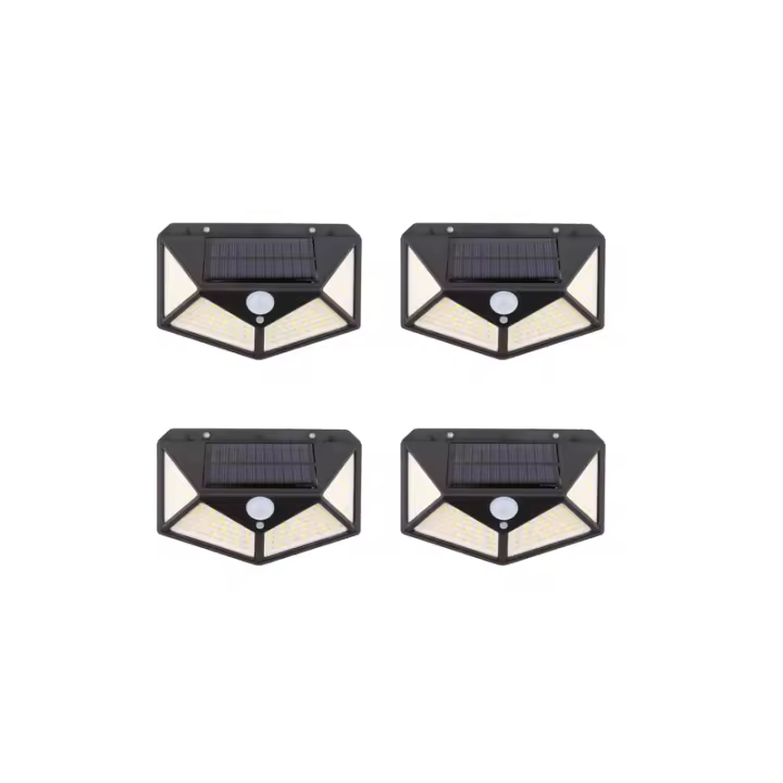 Pack 4 Luces Solar Exterior 100 LED Súper Brillante Focos Led Exterior Impermeable Solares con Sensor de Movimiento, 3 modos, Resistente al Agua IP65, Luces Solares Led Exterior para Jardin, Garajes, Caminos, Puertas Delanteras - 1