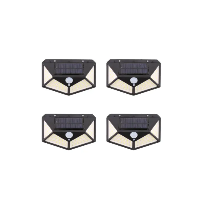 Pack 4 Luces Solar Exterior 100 LED Súper Brillante Focos Led Exterior Impermeable Solares con Sensor de Movimiento, 3 modos, Resistente al Agua IP65, Luces Solares Led Exterior para Jardin, Garajes, Caminos, Puertas Delanteras - 1