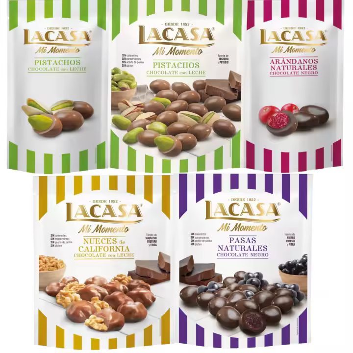 Lacasa Mi Momento pack de 5:Arándano Choco Negro ,Pistacho Choco Leche,Nueces Choco Leche ,Pasas Choco Negro ,Pistacho Choco Leche - 1
