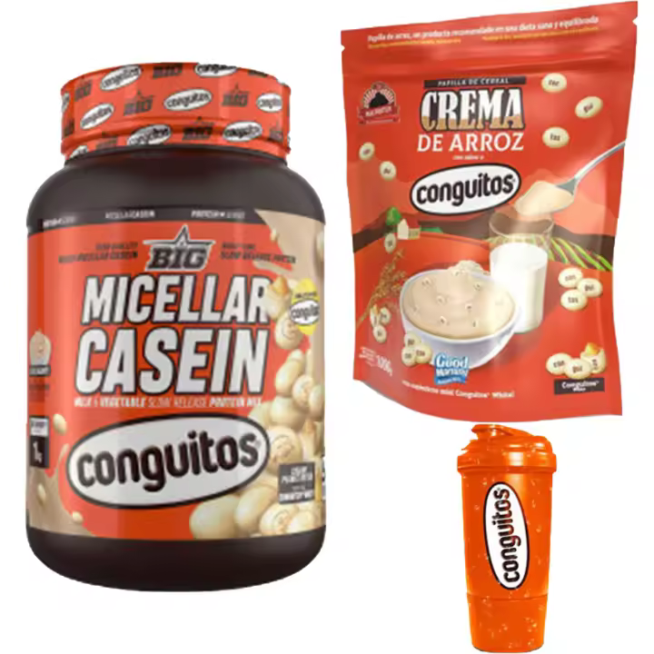 Pack Conguitos White,recuperación Completa:Caseína Micelar 1kg, Crema de Arroz 1 kg y Shaker 500ml - 1