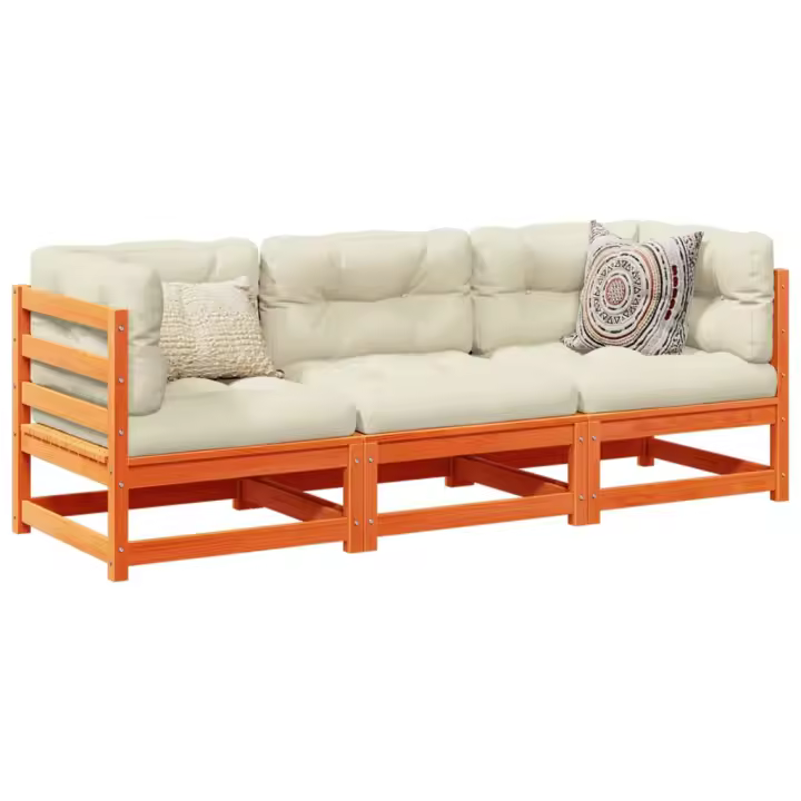 vidaXL Set de sofás jardín 3 pzas con cojines madera pino marrón cera - 1