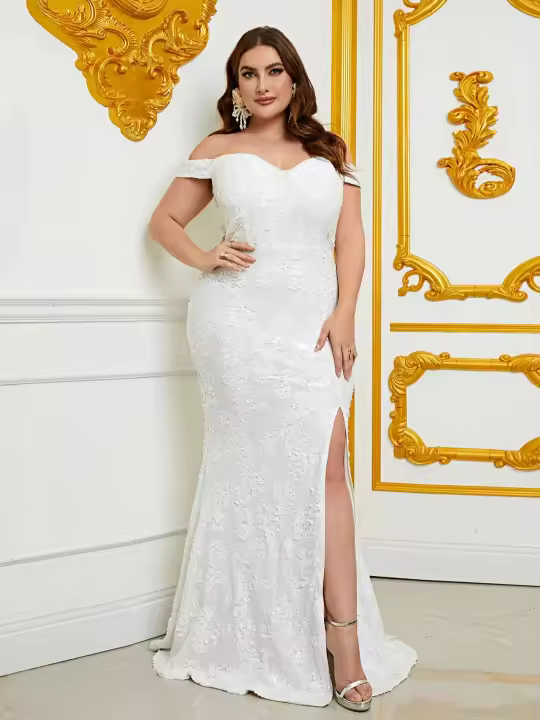 Vestido De Noche De Encaje Con Hombros Descubiertos Para Mujer plus Talla Vestido De Baile Vestido De Fiesta Longitud Del Piso - 1