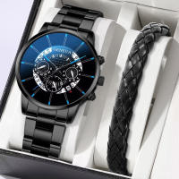 Reloj De Negocios Para Hombre 2PCS Moda Acero Inoxidable Cuarzo Analógico Pulsera De Cuero Conjunto Reloj Hombre (Sin Caja) - details 0