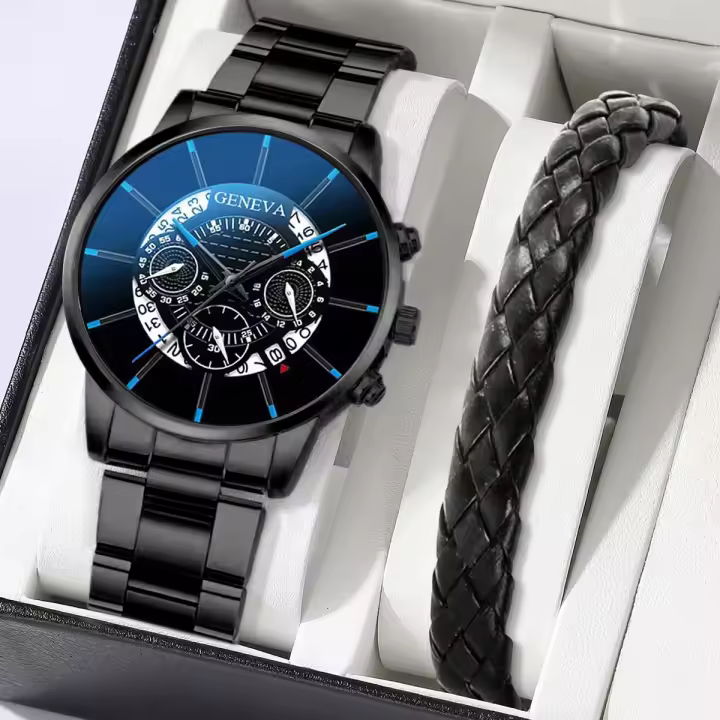 Reloj De Negocios Para Hombre 2PCS Moda Acero Inoxidable Cuarzo Analógico Pulsera De Cuero Conjunto Reloj Hombre (Sin Caja) - 1