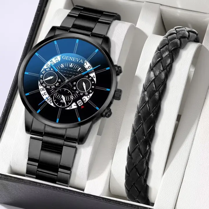 Reloj De Negocios Para Hombre 2PCS Moda Acero Inoxidable Cuarzo Analógico Pulsera De Cuero Conjunto Reloj Hombre (Sin Caja) - 1