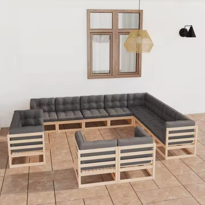 vidaXL Juego de muebles de jardín 12 pzas y cojines madera maciza pino - 1