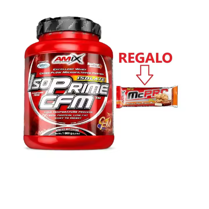 Proteína Amix Nutrition Iso Prime CFM Isolate 1Kg SABOR CHOCOLATE+BARRITA PROTEICA REGALO - Alta pureza, absorción rápida - Aminoácidos y enzimas digestivas para crecimiento muscular y recuperación post-entreno - 1