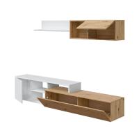 Meimon Conjunto modular JÚLIA Salón TV reversible en Roble Nodi y Blanco Artik, incluye mueble TV con 2 puertas y huecos pasacables (221×40×44 cm), módulo superior de 1 puerta (90×28,5×31 cm) y estante colgar (90×21×22 cm), tablero melaminizado E1 - details 2