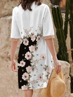 Vestido Corto Impreso Verano Con Cuello V Y Encaje Talla Grande Hasta La Rodilla Para Mujer Estilo Casual Polyester - details 17