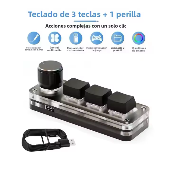 Teclado Mecánico Mini RGB Gaming Con 3 Botones Y Un Pomo USB Portátil Para Personalización Y Programación Para Photoshop - 1