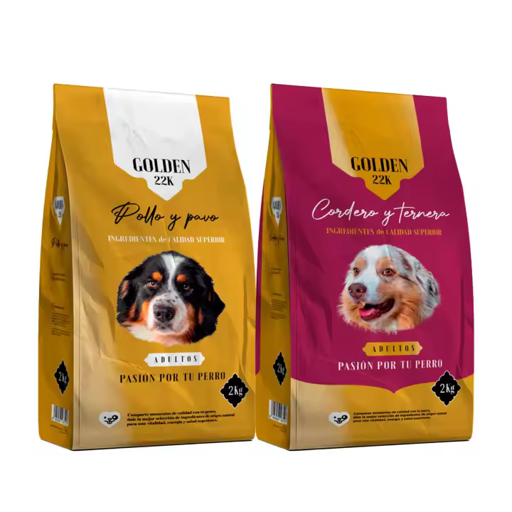 Pack menú degustación pienso Golden 22k pollo y pavo / cordero y ternera (2kg+2kg) - Alimentación seca para perros con sabores variados de pollo, pavo, cordero y ternera, ideal para degustación inicial - 1