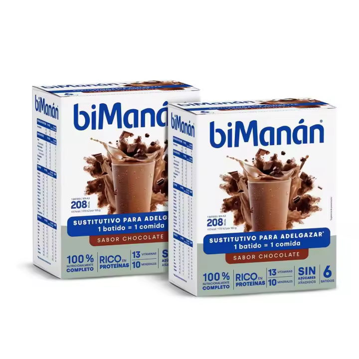 biManán | Batidos de Chocolate – Preparado Alimenticio con Proteínas y Vitaminas, Sin Azúcares Añadidos – 6 x 50 g | Pack de 2 - 1