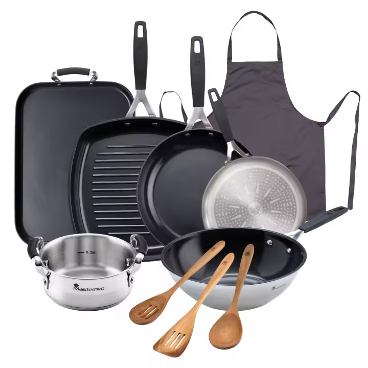 Set de cocina 8Pzs: Sartenes Ø16Ø24, wok Ø28, cacerola Ø12, plancha 32x23, Grill 28x28 en aluminio + Utensilios de madera y Delantal SMART Bergner - 1