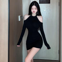 Vestido Bodycon Para Mujer Estilo Coreano Slim Fit Manga Larga Diseño De Cuello Halter Vestido Sexy Y Club De Manga Larga - details 0