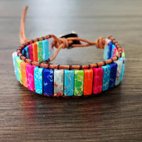 Pulsera Bohemia Multicolor De Piedra Emperador 7 Chakras Hecho De Piedras Rectangulares Y Cordón De Cuero Joyería Para El Pulgar - details 2