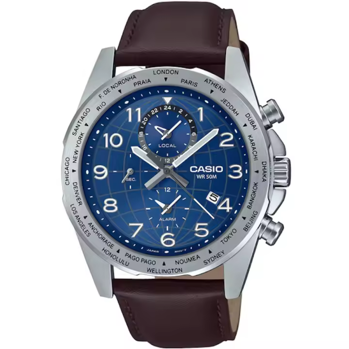 ​reloj deportivo hombre Casio MTP-W500L-2AV 43.9mm Hora Mundial 50m WR correa de cuero Indicador de batería Alarma - 1