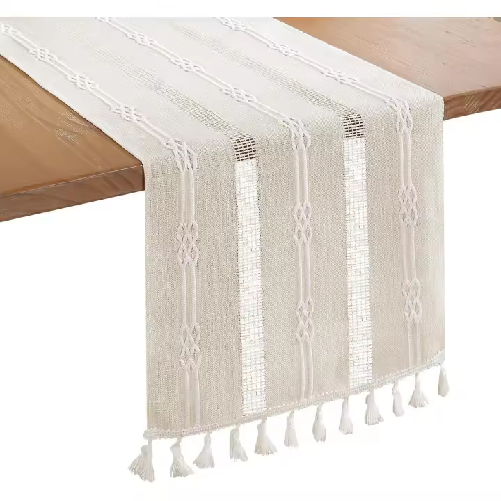 Camino de Mesa con borlas, 180x33 cm/71x13 pulgadas, decoración de Mesa, chimenea de Mesa de Lino beige, Mantel para decoración de Bodas en el hogar - 1