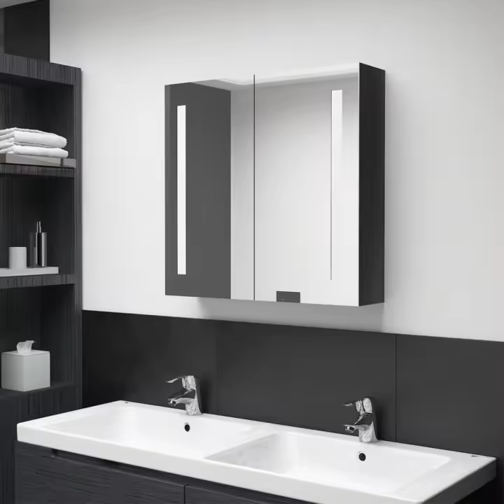 vidaXL Armario de baño con espejo y LED color 62x14x60 cm en color Roble/Gris/Negro brillo y más | almacenamiento funcional diseño moderno para baño dormitorio sala - 1