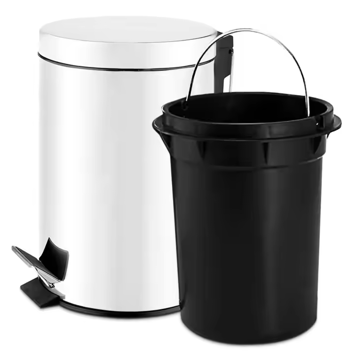 TIENDA EURASIA - Papelera de Baño con Pedal, Papelera Oficina con Cubo Extraible, Papelera Escritorio Fabricada en Acero Inoxidable, Papelera de 3l, Cubo de Basura de ø17 x 25 cm (Blanco) - 1