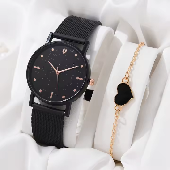 Reloj De Cuarzo Para Mujer 2PCS Set Negro Lujo Con Rhinestone Y Cristal Reloj De Pulsera De Moda Casual Con Cierre De Pulsera Material De La Correa De Silicona Y Caso Redondo - 1