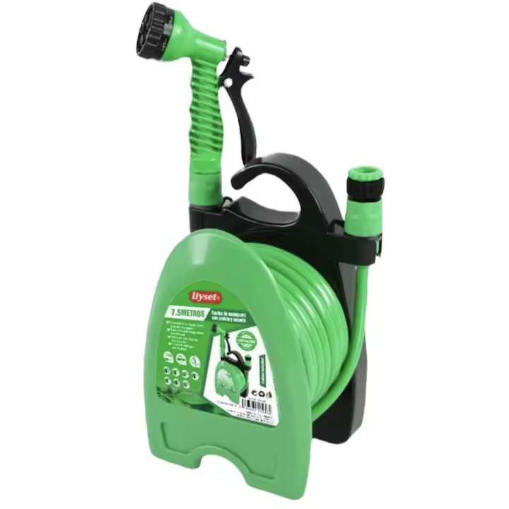 LIYSET-- Manguera de Jardín 10 m con Soporte - Manguera con Pistola de Pulverización con 7 Funciones de Riego - Color Verde - Ideal para Jardín, Terraza, Huerto, Balcón - 1