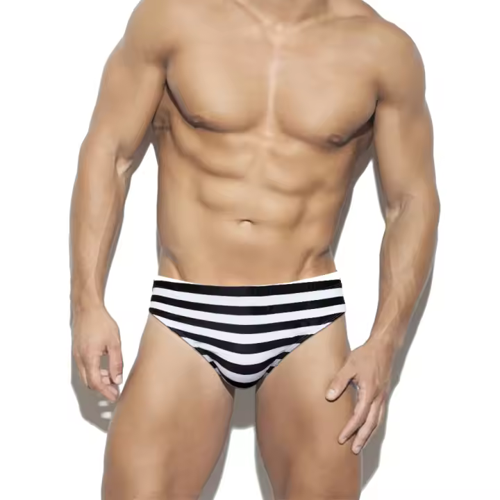 Traje de baño a rayas blancas y negras para hombre, calzoncillos profesionales sexys de Gira, ropa de playa de primavera - 1