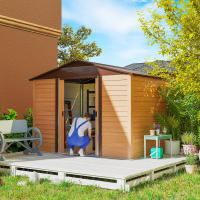 Outsunny Caseta de Jardín Exterior 4,84 m² 278x195x215 cm Cobertizo de Jardín Exterior Metálica con 2 Puertas Corredizas y 4 Ventanas para Almacenamiento de Herramientas Efecto Madera Natural y Café - details 1