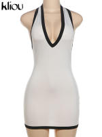 Vestido Halter Para Mujer Kliou Clásico Panelado Ajustado Sin Espalda V-cuello Veraniego Ropa De Calle Delgado Streetwear - details 1