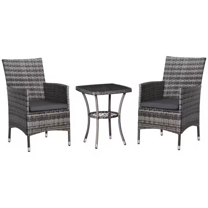 Outsunny Juego de muebles de jardín de ratán con mesa auxiliar, juego de bistró de 3 piezas. Conjunto de muebles de balcón, conjunto de jardín de ratán, conjunto de asientos con cojín de polirratán + acero, gris oscuro, 60 x 58,5 x 89,5 cm - 1