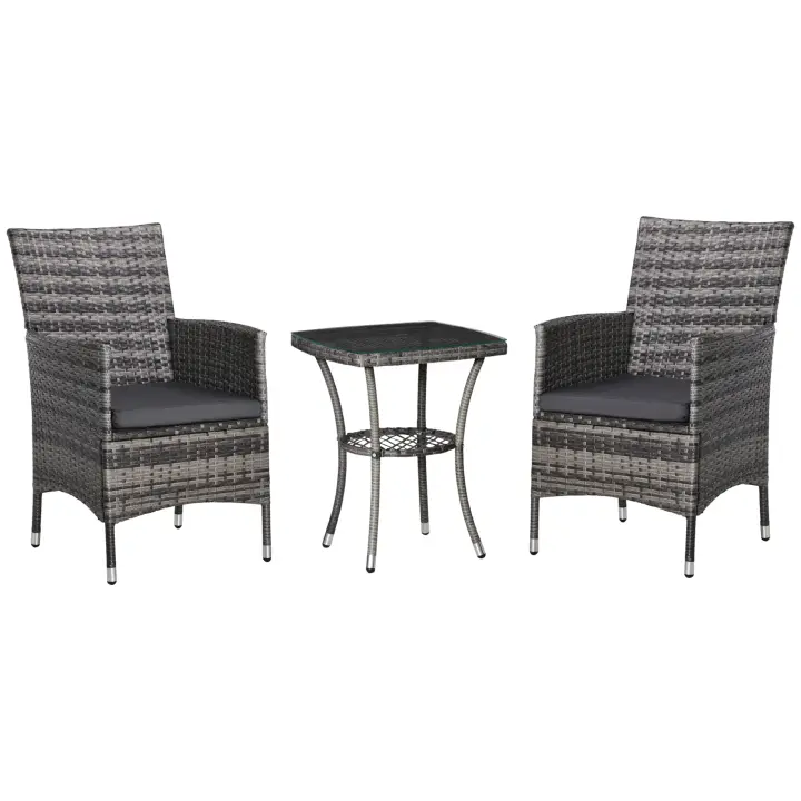 Outsunny Juego de muebles de jardín de ratán con mesa auxiliar, juego de bistró de 3 piezas. Conjunto de muebles de balcón, conjunto de jardín de ratán, conjunto de asientos con cojín de polirratán + acero, gris oscuro, 60 x 58,5 x 89,5 cm - 1