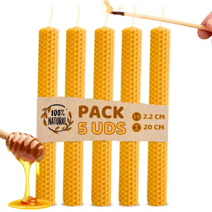Pack de 5 Velas de Miel de Abeja para Rituales 100% Natural - DECEVI - Hechas a Mano - Origen España - SIN PARAFINA - Velas 20 cm x 2,2 cm - Enciende la Magia de la Luz Suave y Cálida - 1