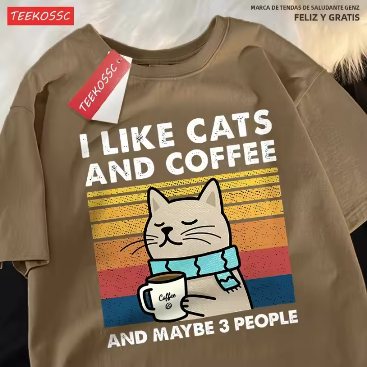 Camiseta De Algodón I like Cats And Coffee Para Hombres Y Mujeres Camiseta Hip Hop Suelta De Cuello Redondo Moda Streetwear Para Pareja - 1