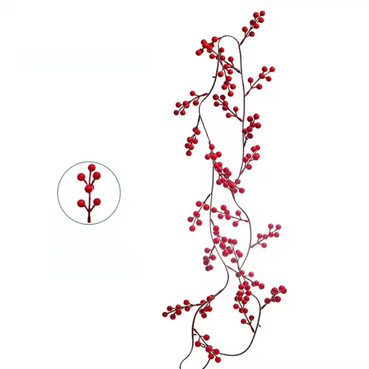 Guirnalda De Navidad Artificial De Bayas Rojas 175cm/190cm Planta Artificial Para Decoración De Hogar Arbol De Navidad Adorno De Boda Colgante - 1